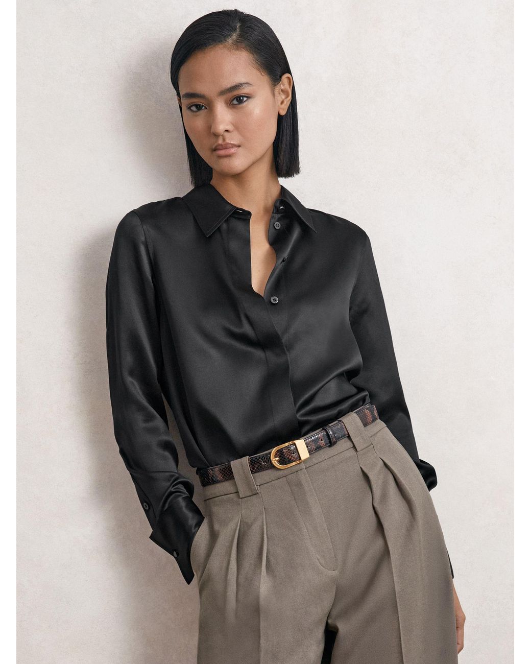 Reiss Gray Silk-Satin Concealed-Placket Shirt