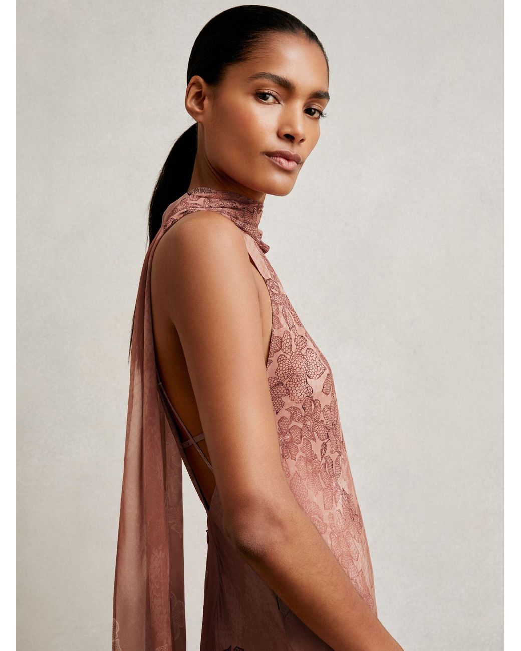 Reiss Natural Chiffon Floral Cape Maxi Dress