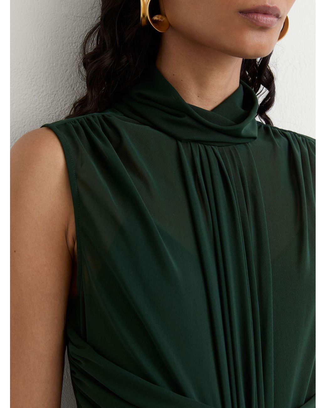 Reiss Green Sheer Ruched Sleeveless Maxi Dress