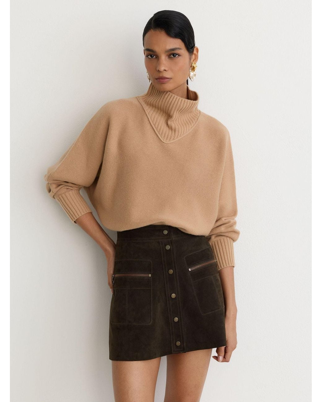 Reiss Black Suede Zip-Pocket Mini Skirt