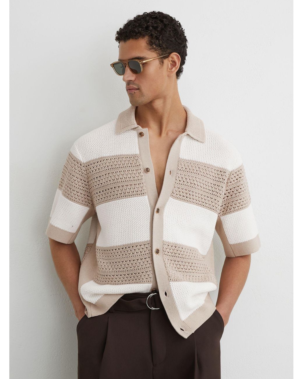 Reiss White Stone Cotton Block-Stripe Knitted Shirt for men