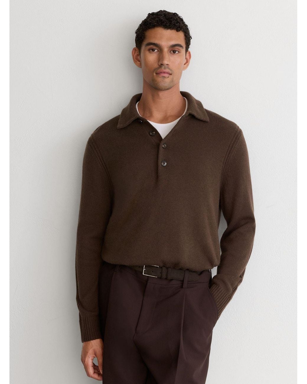 Reiss Brown Wool-Cashmere Half-Button Polo Jumper for men