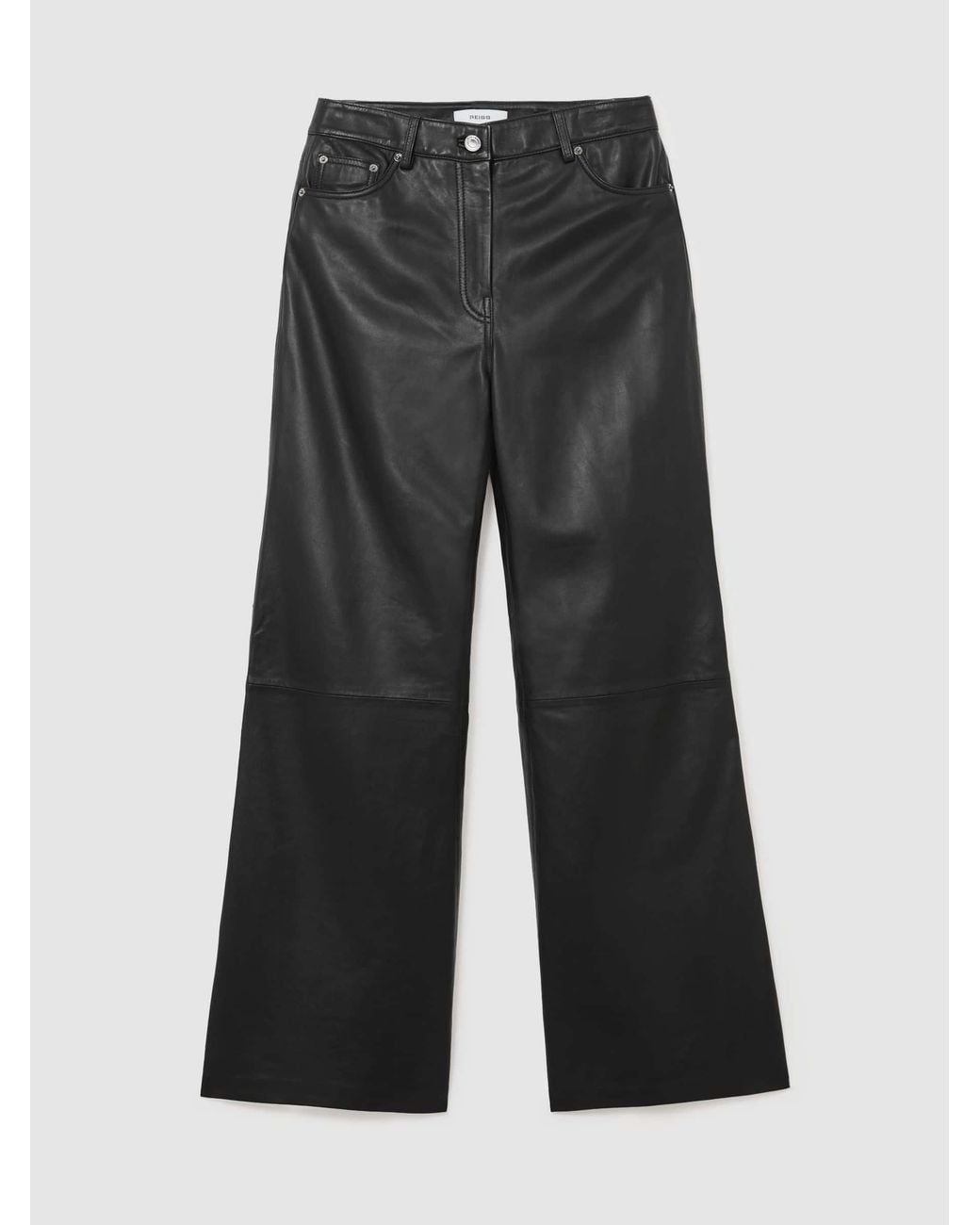 Reiss Black Leather High-Rise Wide-Leg Trousers