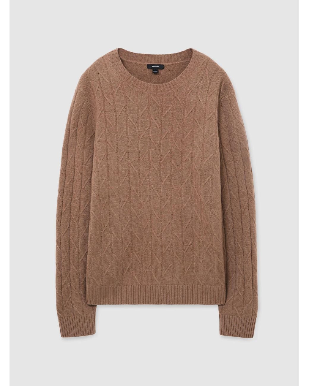 Reiss Brown Wool Twisted-Cable Crew-Neck Jumper for men