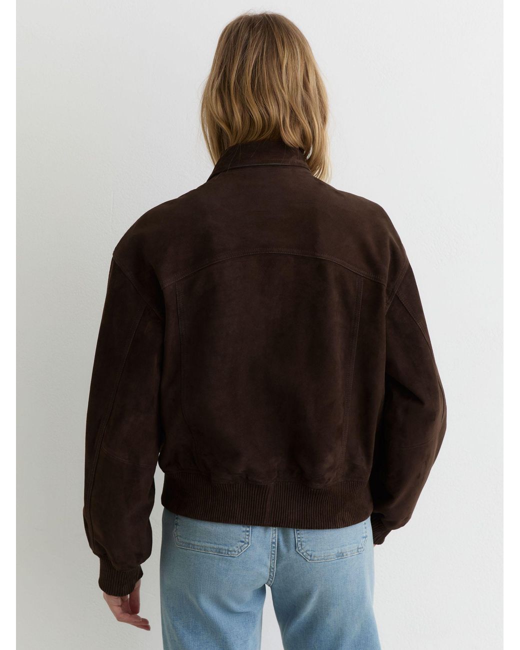 Reiss Natural Cara - Chocolate Brown Suede Funnel-neck Bomber Jacket, Us 14