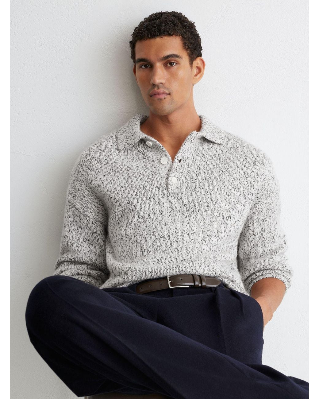 Reiss Gray Wool-Blend Speckled-Knit Half-Button Jumper for men
