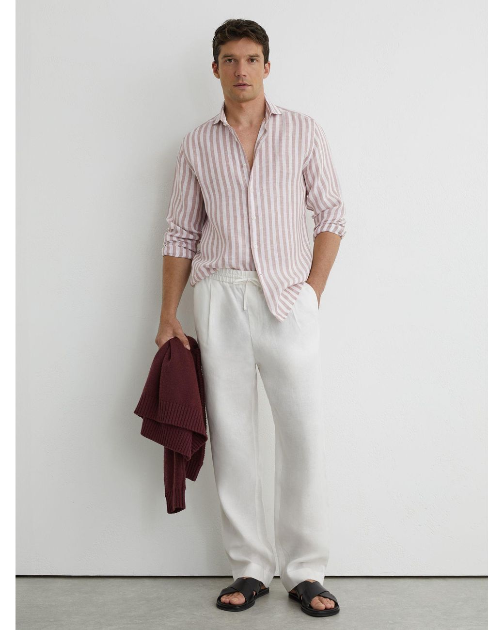 Reiss Natural Dusty Rose & Stripe Linen Striped Cutaway-Collar Shirt Regular-Fit for men