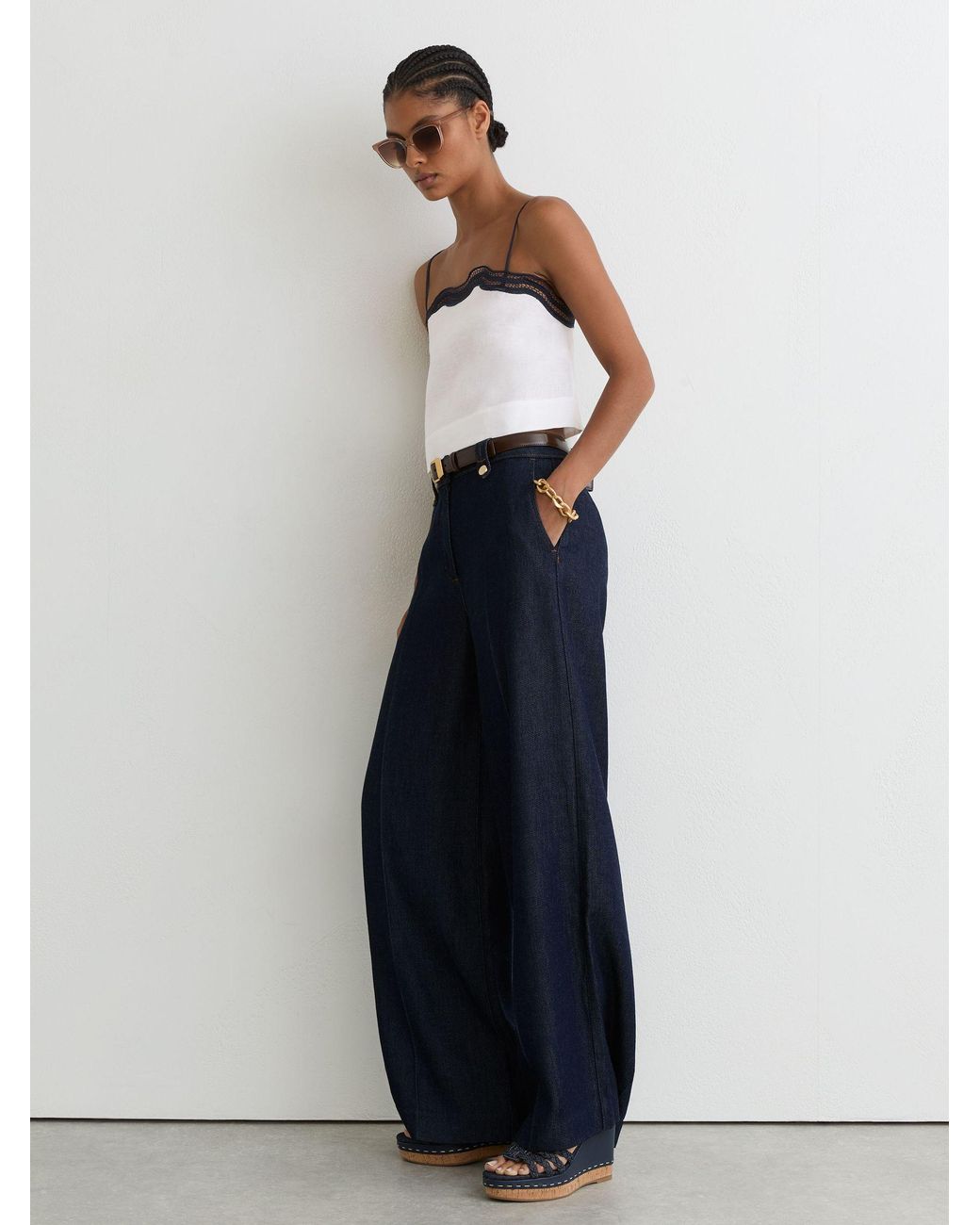 Reiss Blue Denim Plaited-Strap Wedge Sandals