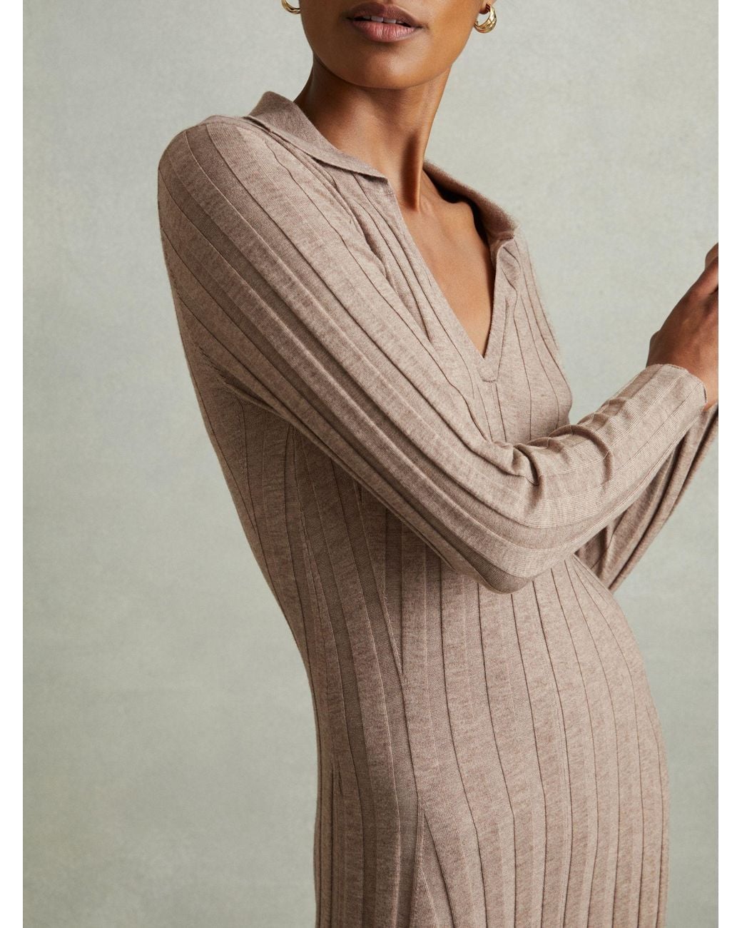 Reiss Natural Winnie - Neutral Petite Knitted Open Collar Midi Dress