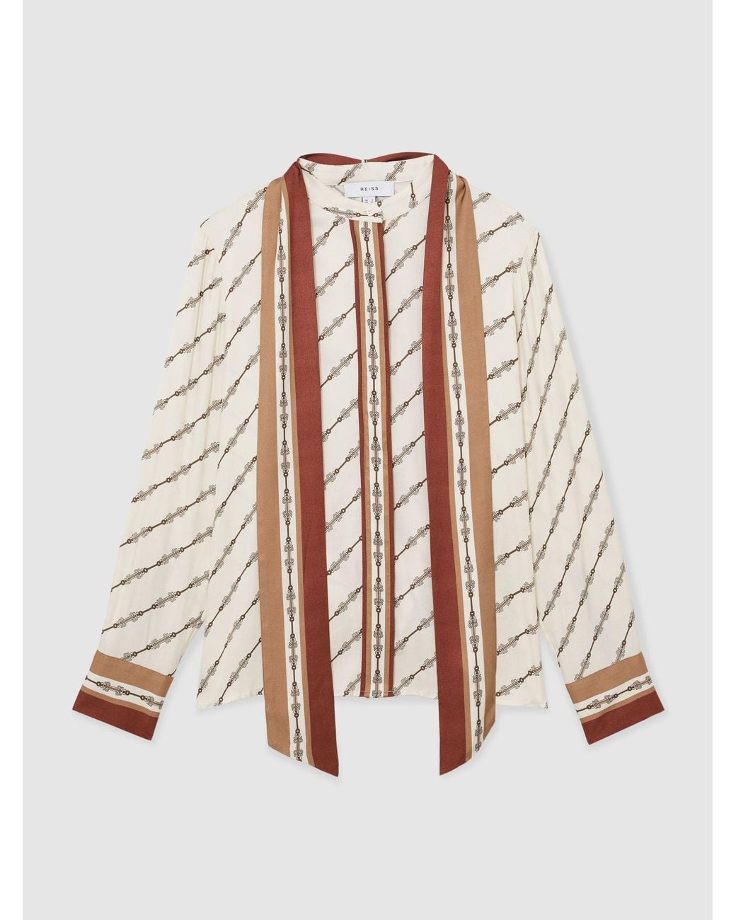 Reiss Natural Lydia - Ivory Chain-print Tie-neck Shirt, Us 10