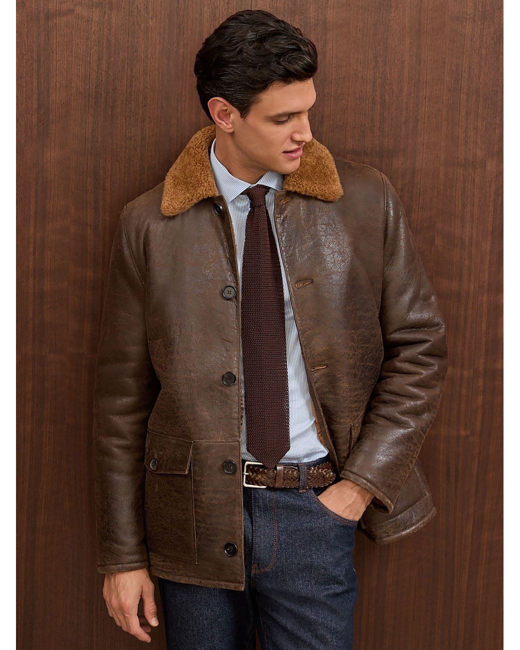 Reiss Brown Atelier Shearling Leather Jacket for men