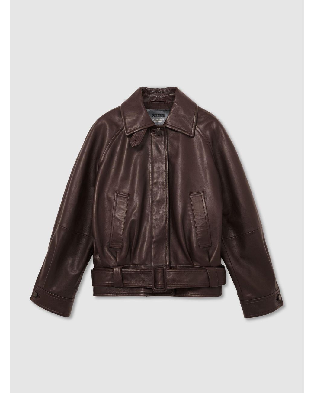Reiss Green Leather Belted Raglan-Sleeve Jacket
