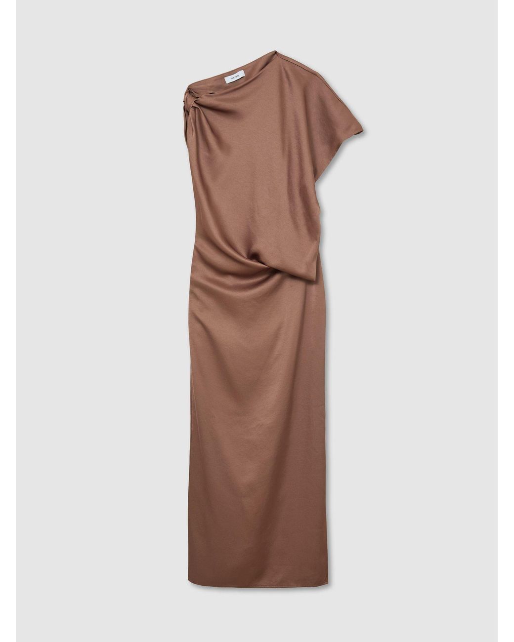 PAIGE Natural Taupe Petite Satin Asymmetric Draped Maxi Dress