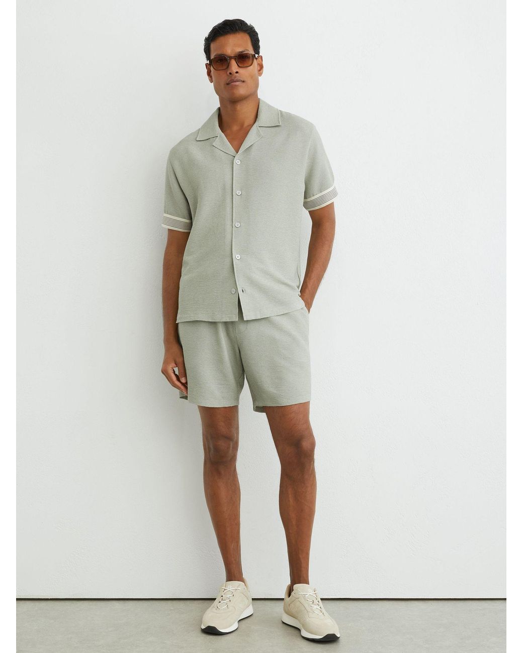 Reiss Gray Textured Stripe-Tape Cuban-Collar Shirt for men