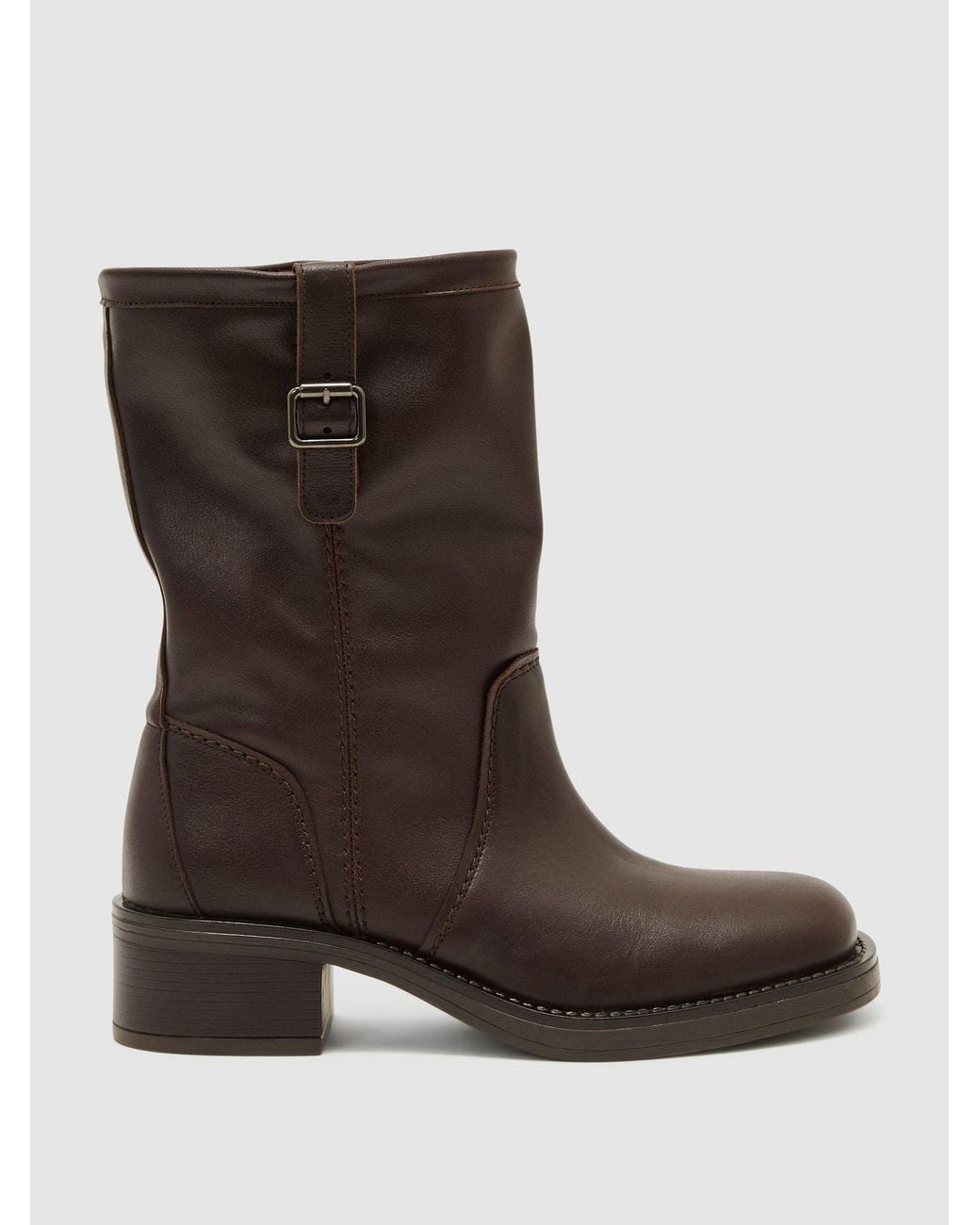Reiss Brown Leather Pull-On Biker Boots