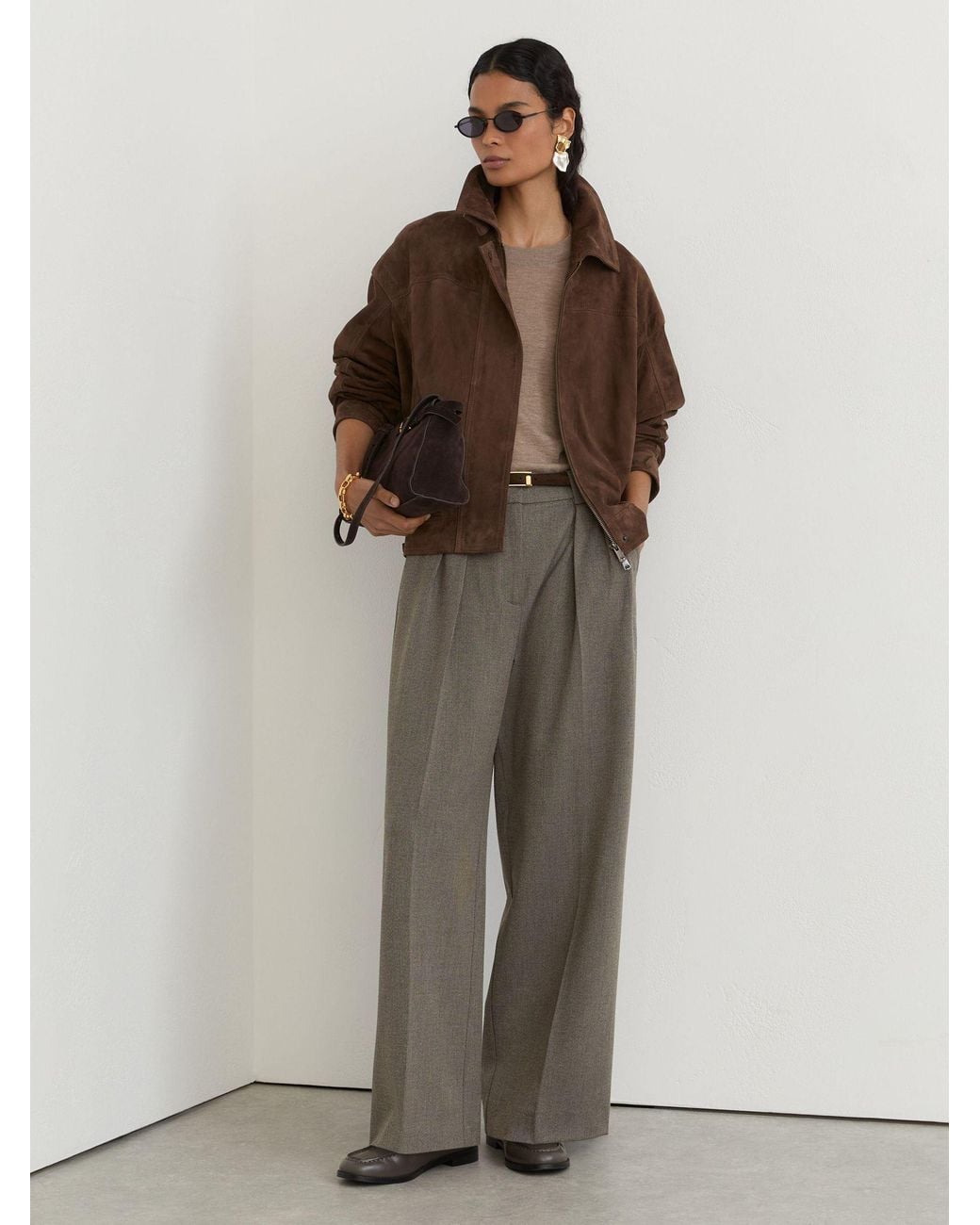 Reiss Brown Pleated Wide-Leg Trousers