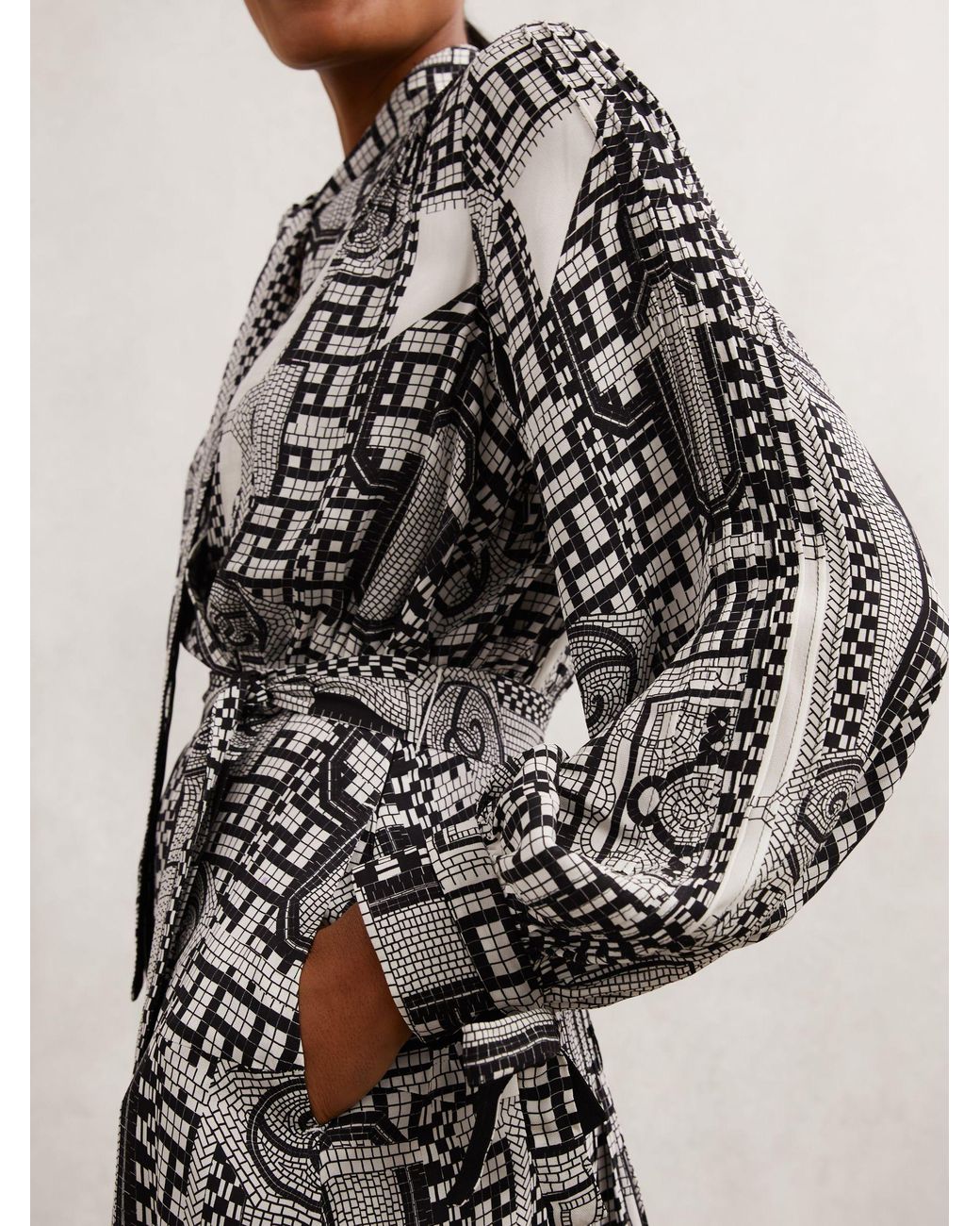 Reiss Gray Geometric-Print Tie-Neck Dress