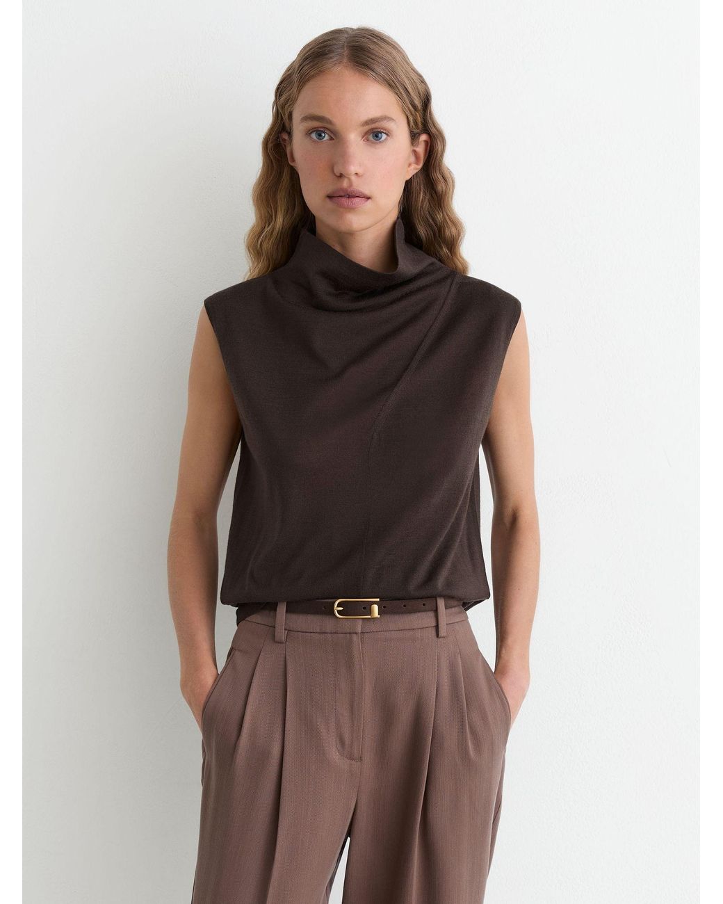 Reiss Multicolor Honey - Chocolate Brown Ultra-soft Merino Wool Funnel-neck Vest, Xl (us 16-18)