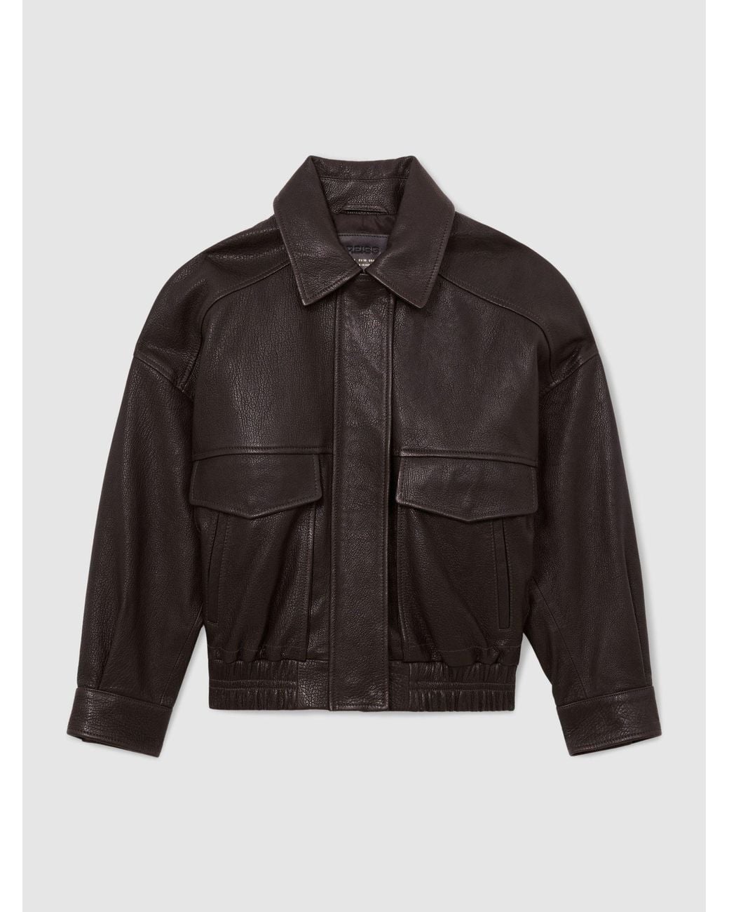 Reiss Brown Maeve Ebony Leather Twin-Pocket Relaxed Jacket, Dark