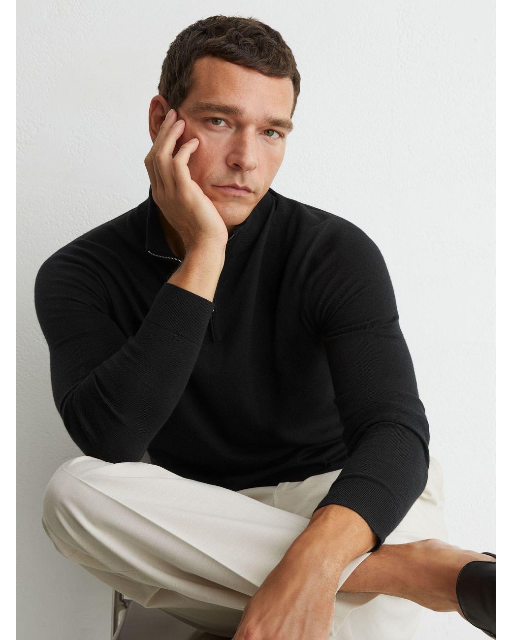 Reiss Black Merino Wool Half-Zip Jumper for men