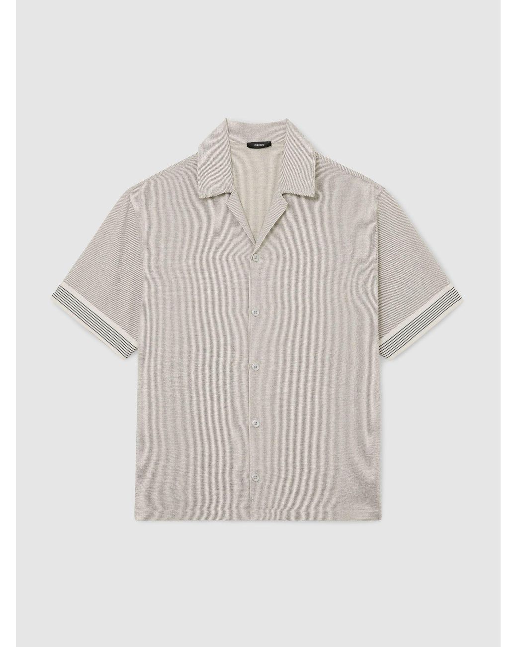 Reiss Gray Textured Stripe-Tape Cuban-Collar Shirt for men
