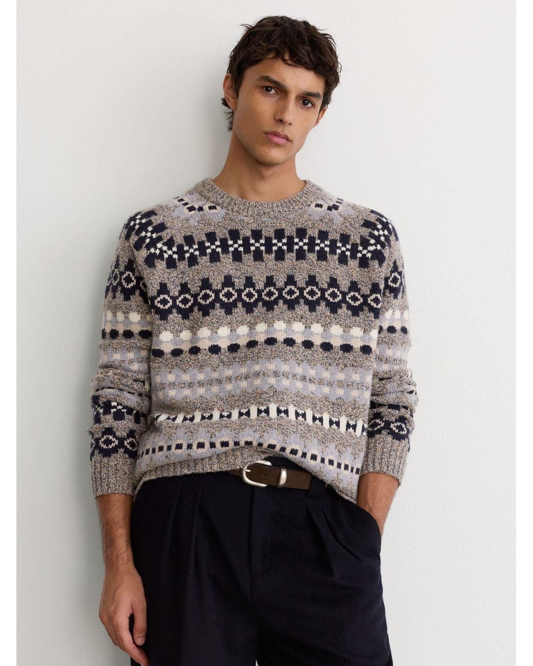Reiss Gray Wool-Blend Tweed-Jacquard Crew-Neck Jumper for men