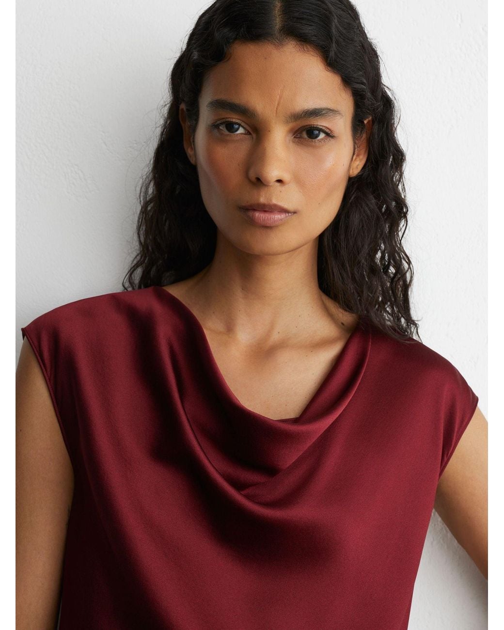 Reiss Red Silk Cowl-Neck Sleeveless Top