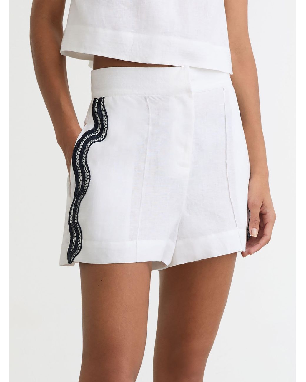 Reiss White Linen Scallop-Trim Shorts