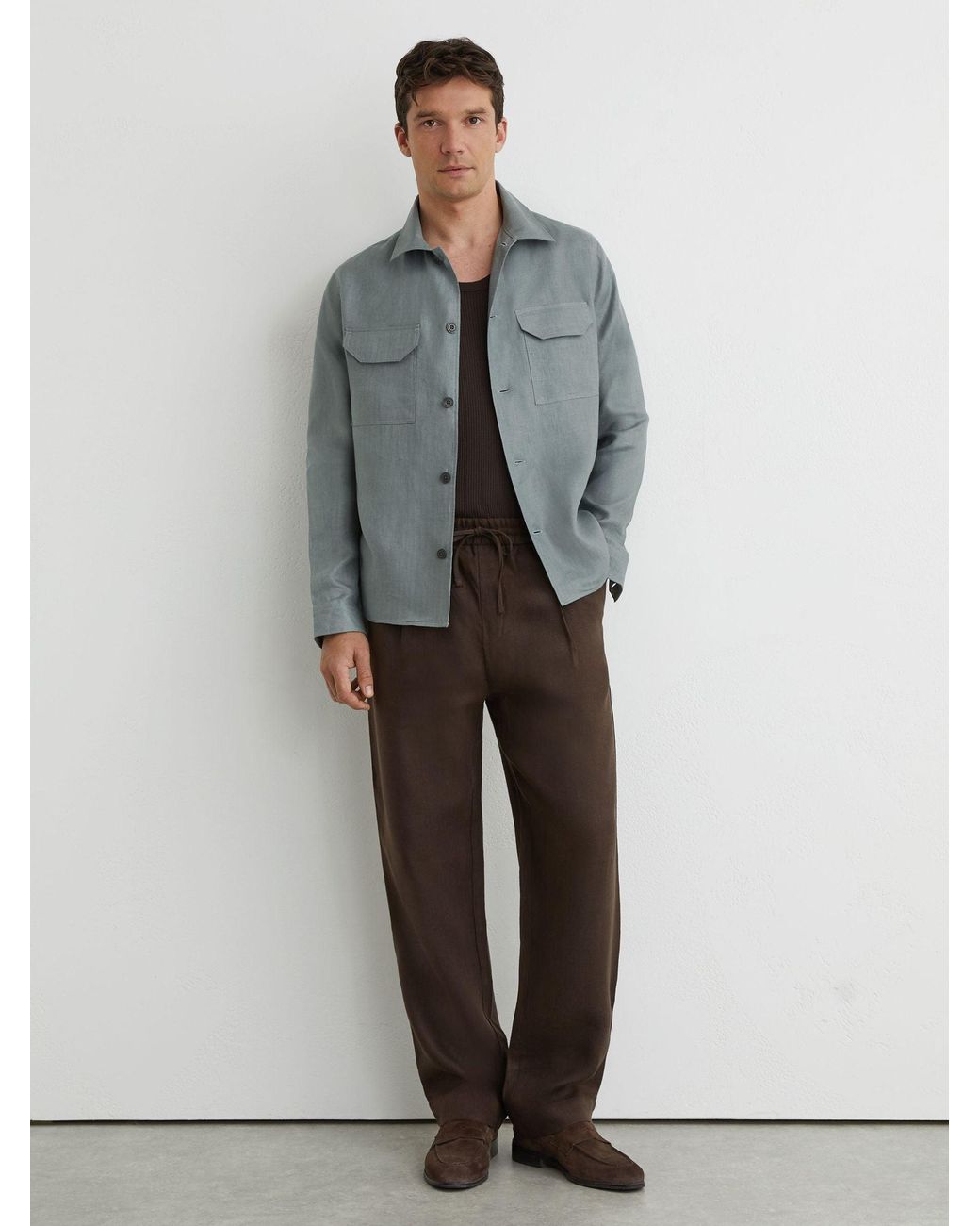 Reiss Blue Linen Herringbone-Stripe Regular-Fit Shirt for men