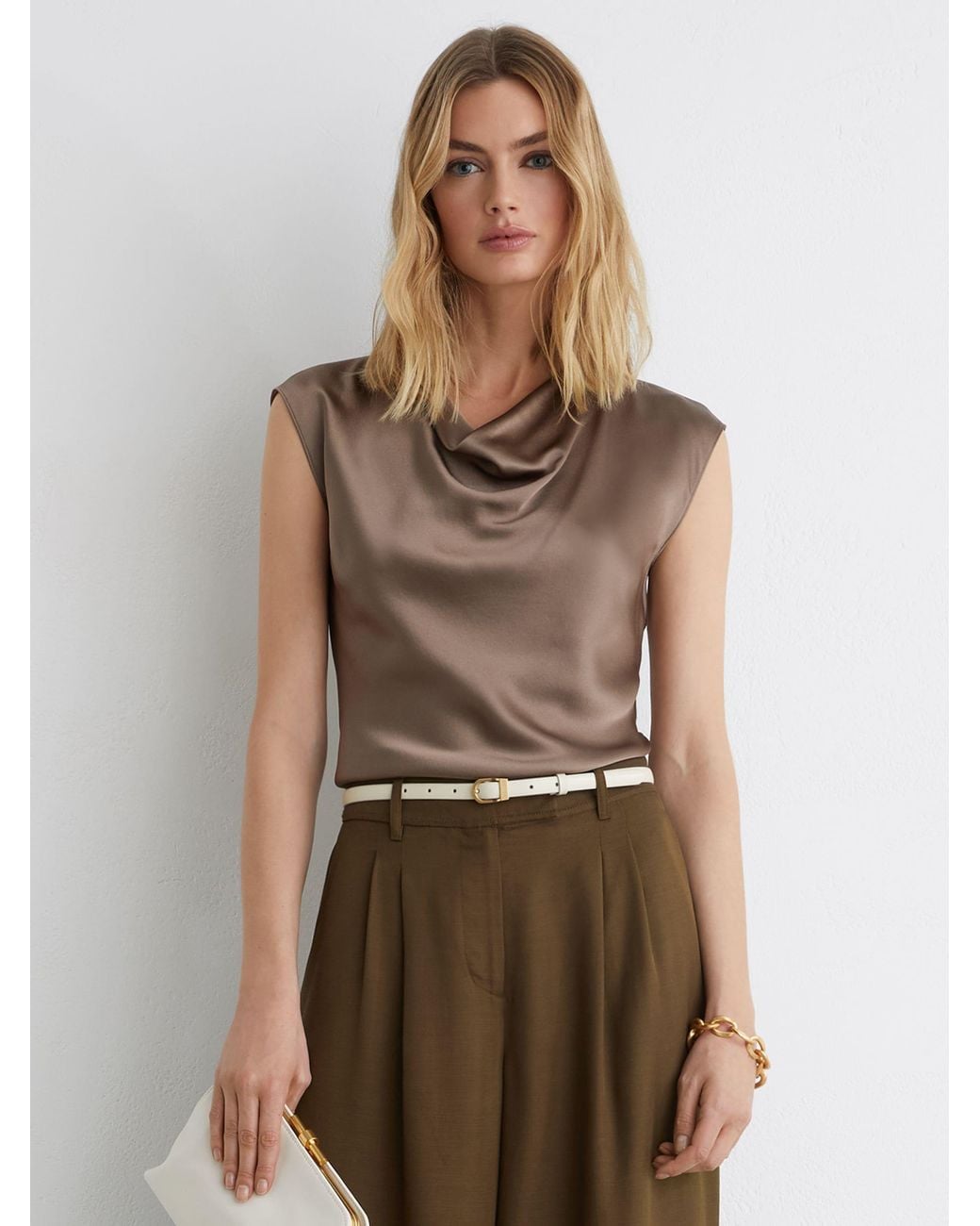 Reiss Brown Silk Cowl-Neck Sleeveless Top
