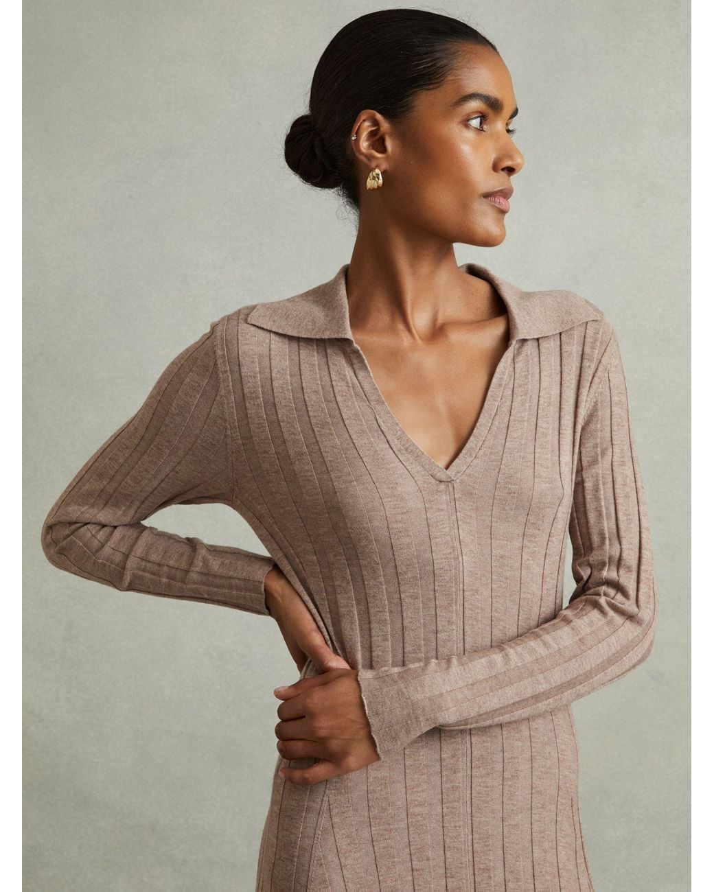 Reiss Natural Winnie - Neutral Petite Knitted Open Collar Midi Dress