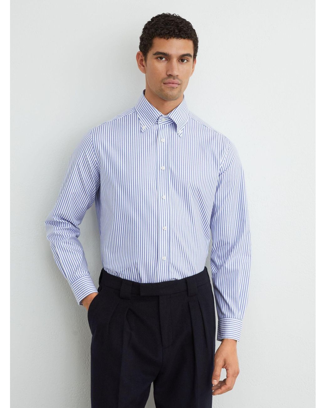 Reiss Blue Stripe Cotton Striped Button-Down Shirt Regular-Fit for men