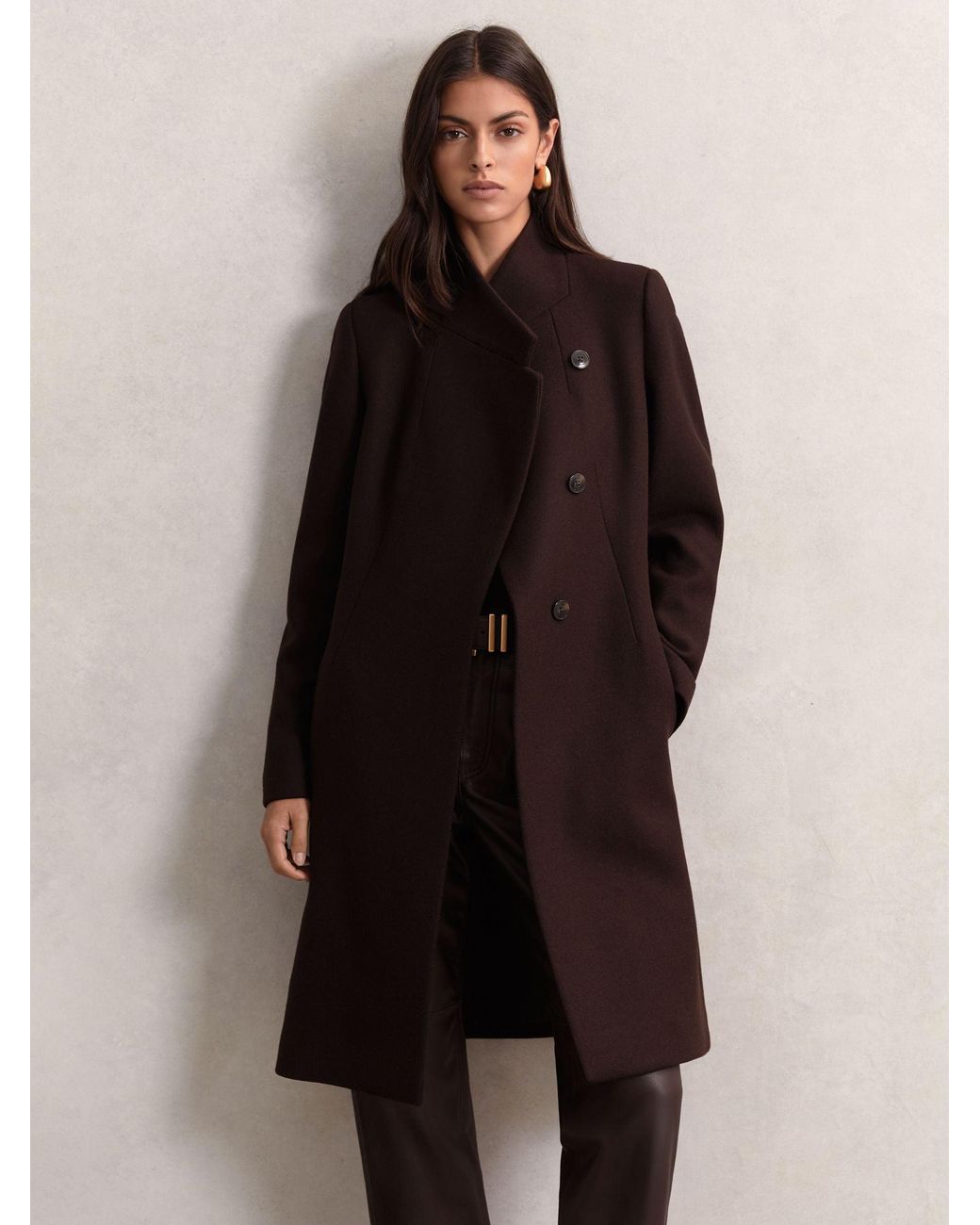 Reiss Brown Petite Wool-Blend Wrapover Mid-Length Coat