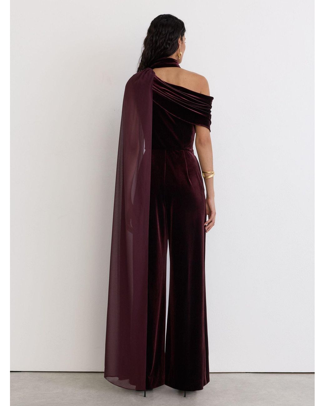 Reiss Red Petite Velvet Drape-Detail One-Shoulder Jumpsuit