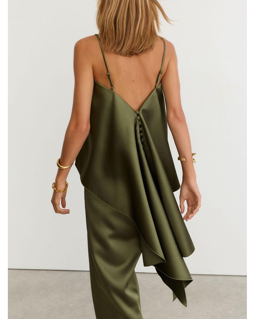 Reiss Green Satin Structured Drape-Back Top