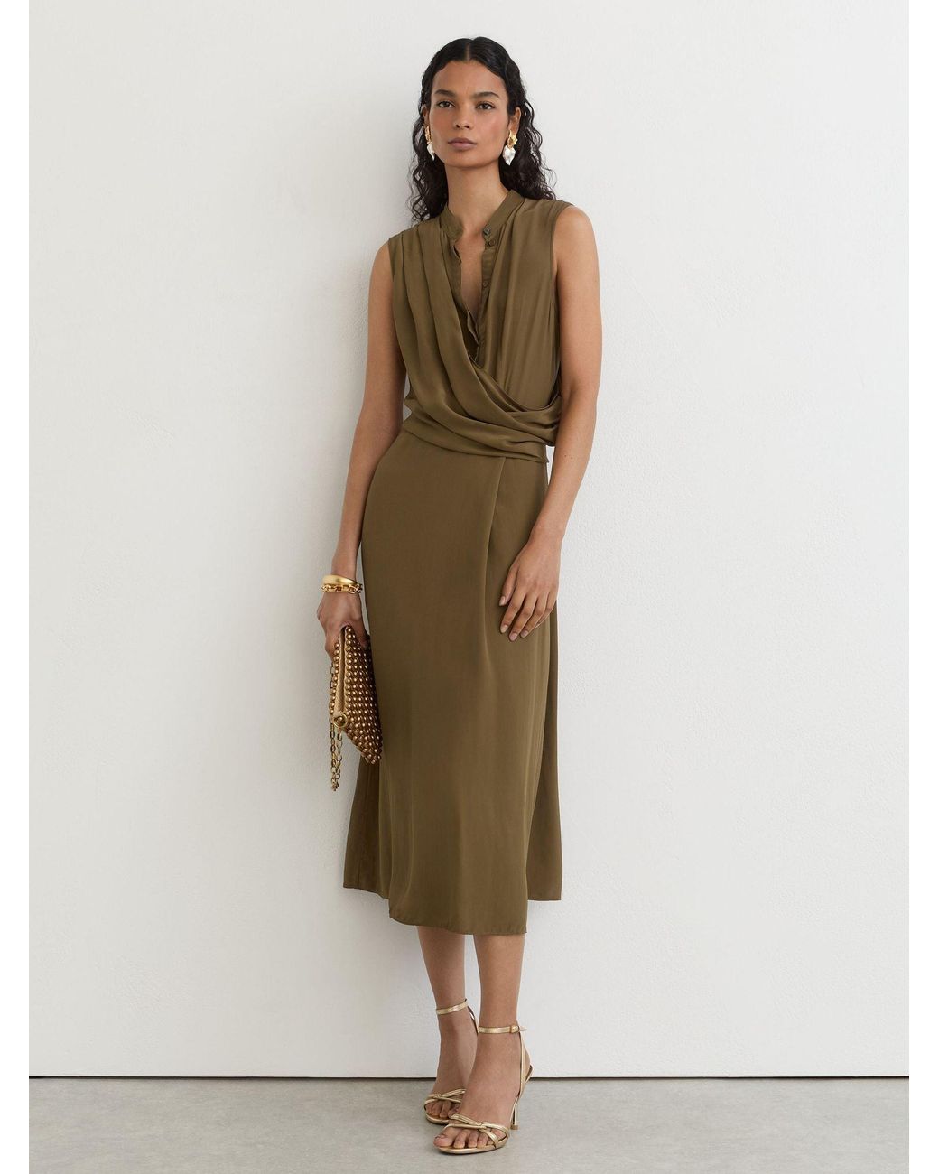 Reiss Natural Drape-Detail Band-Collar Midi Dress