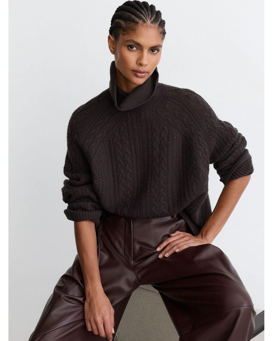 Reiss Black Wool-Cashmere Cable-Knit Roll-Neck Jumper
