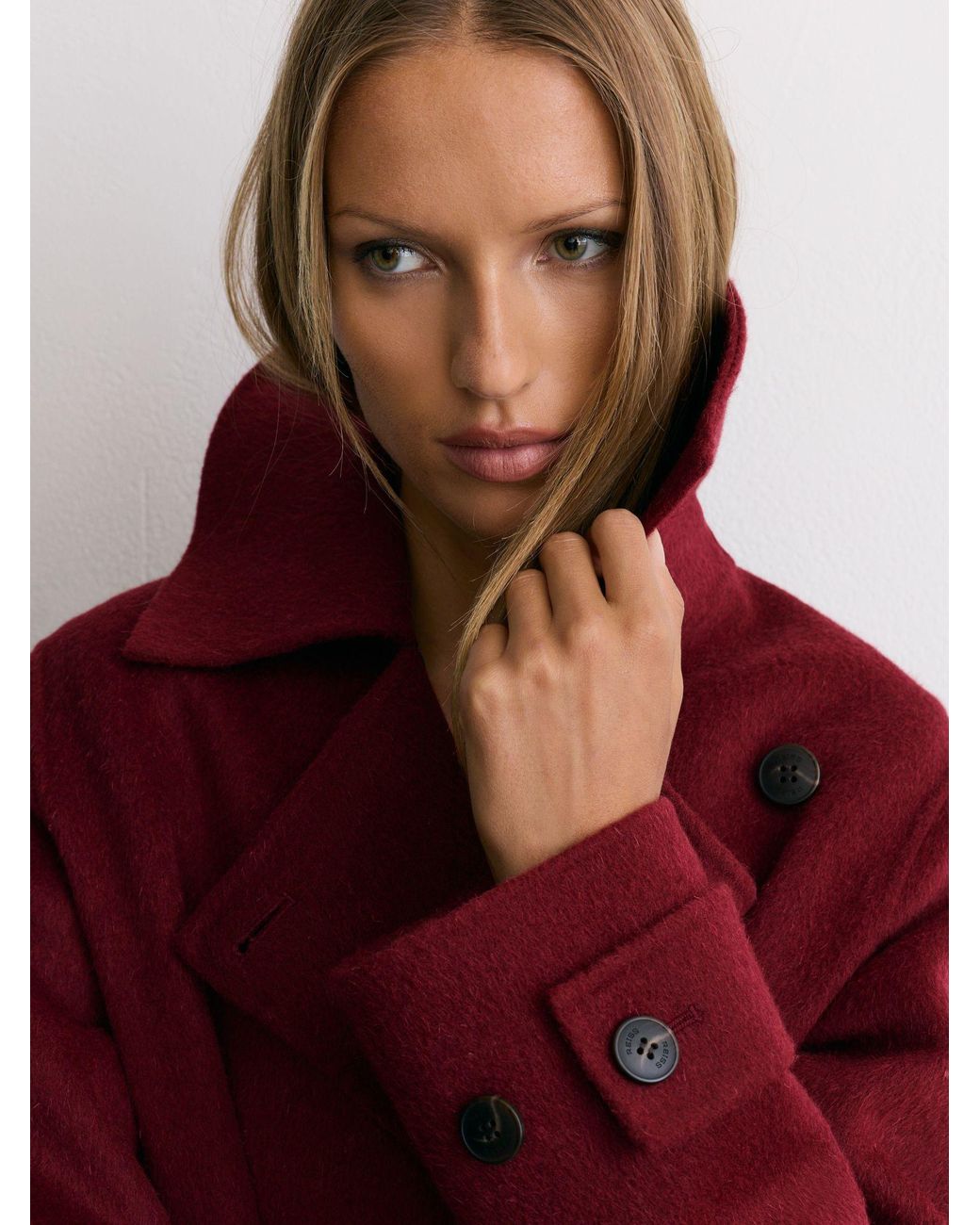 Reiss Red Wool-Blend Blindseam Long Coat