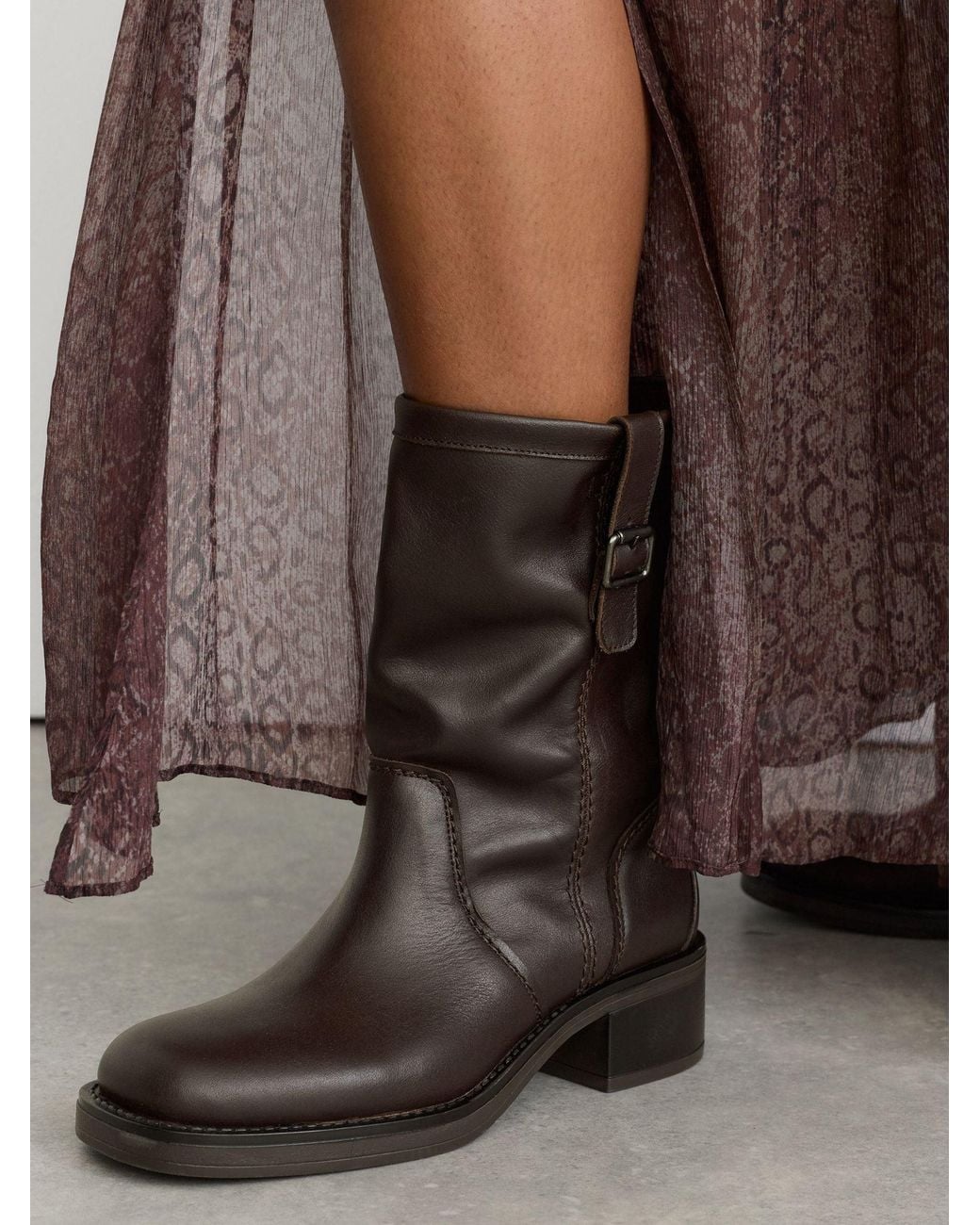 Reiss Brown Leather Pull-On Biker Boots