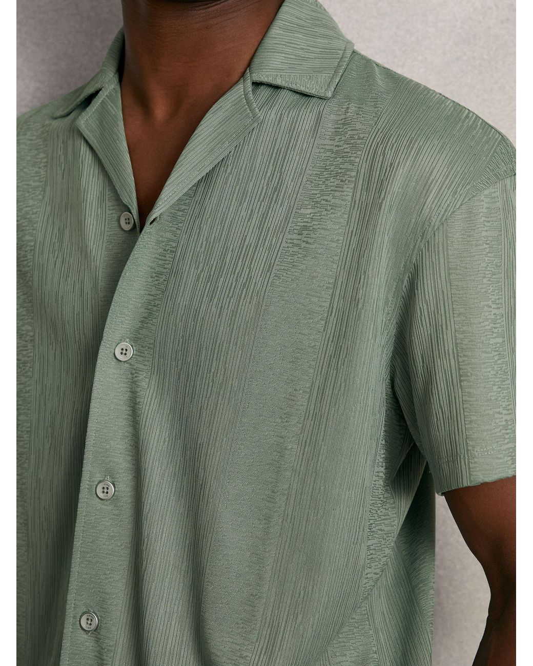 Reiss Green Jacquard-Stripe Cuban-Collar Shirt for men