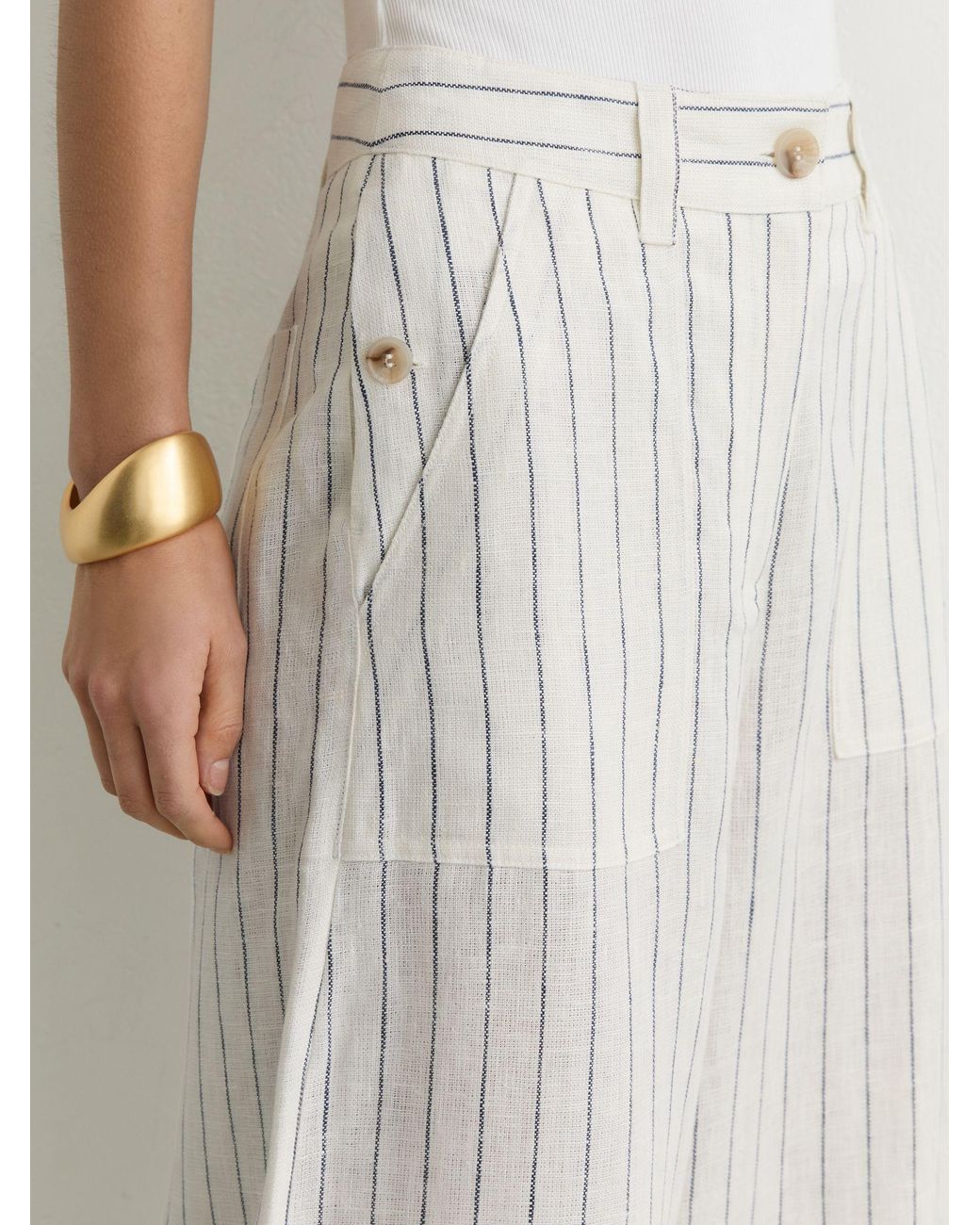 Reiss White Linen Pinstripe Wide-Leg Trousers