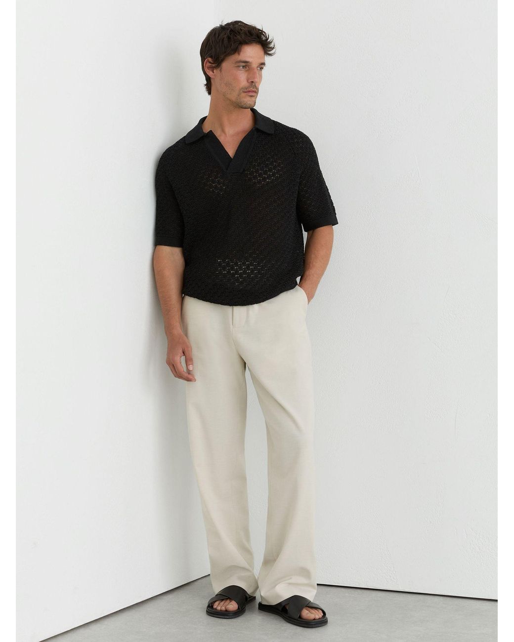 Reiss Black Cotton-Blend Crochet-Knit Polo for men
