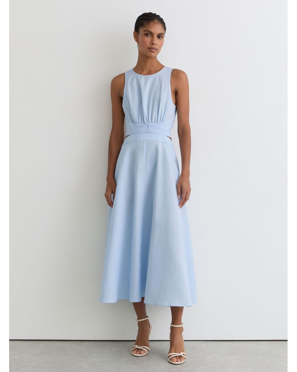 Reiss Linen-Cotton Cut-Out Midi Dress in Blue