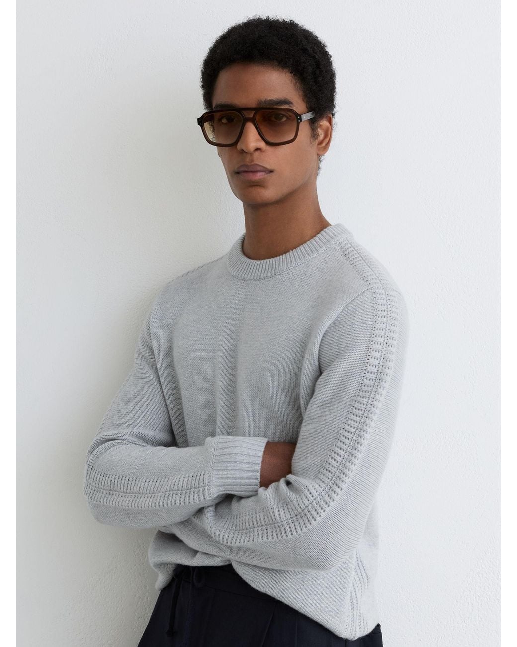Reiss Gray Wool-Blend Rib-Detail Crew-Neck Jumper for men