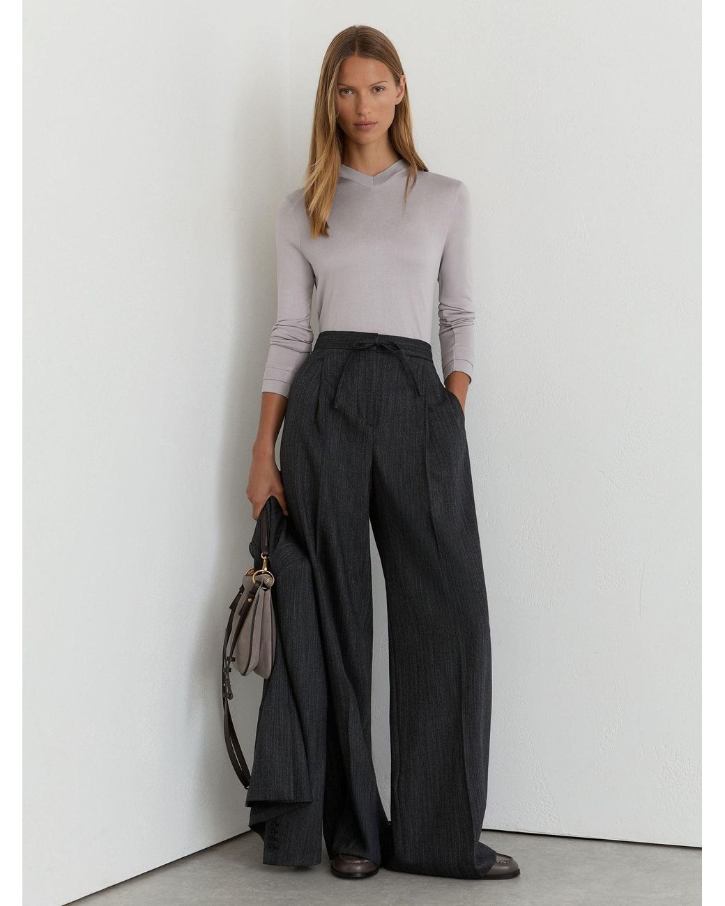 Reiss Brown High V-Neck Long-Sleeve Top