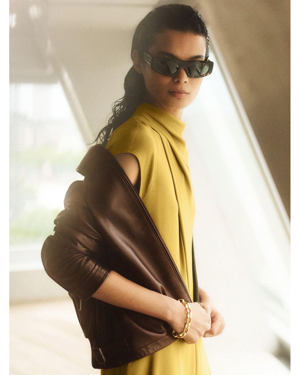 Reiss Brown Leather Zip-Through Moto Jacket