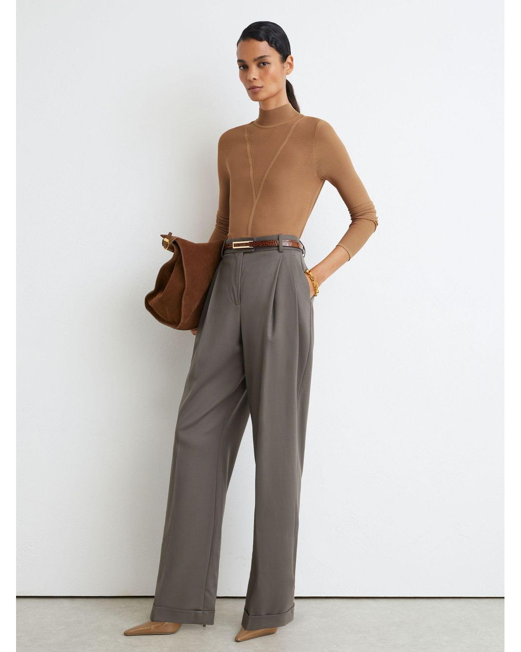 Reiss Gray Sheer-Detail Long-Sleeve Knitted Top