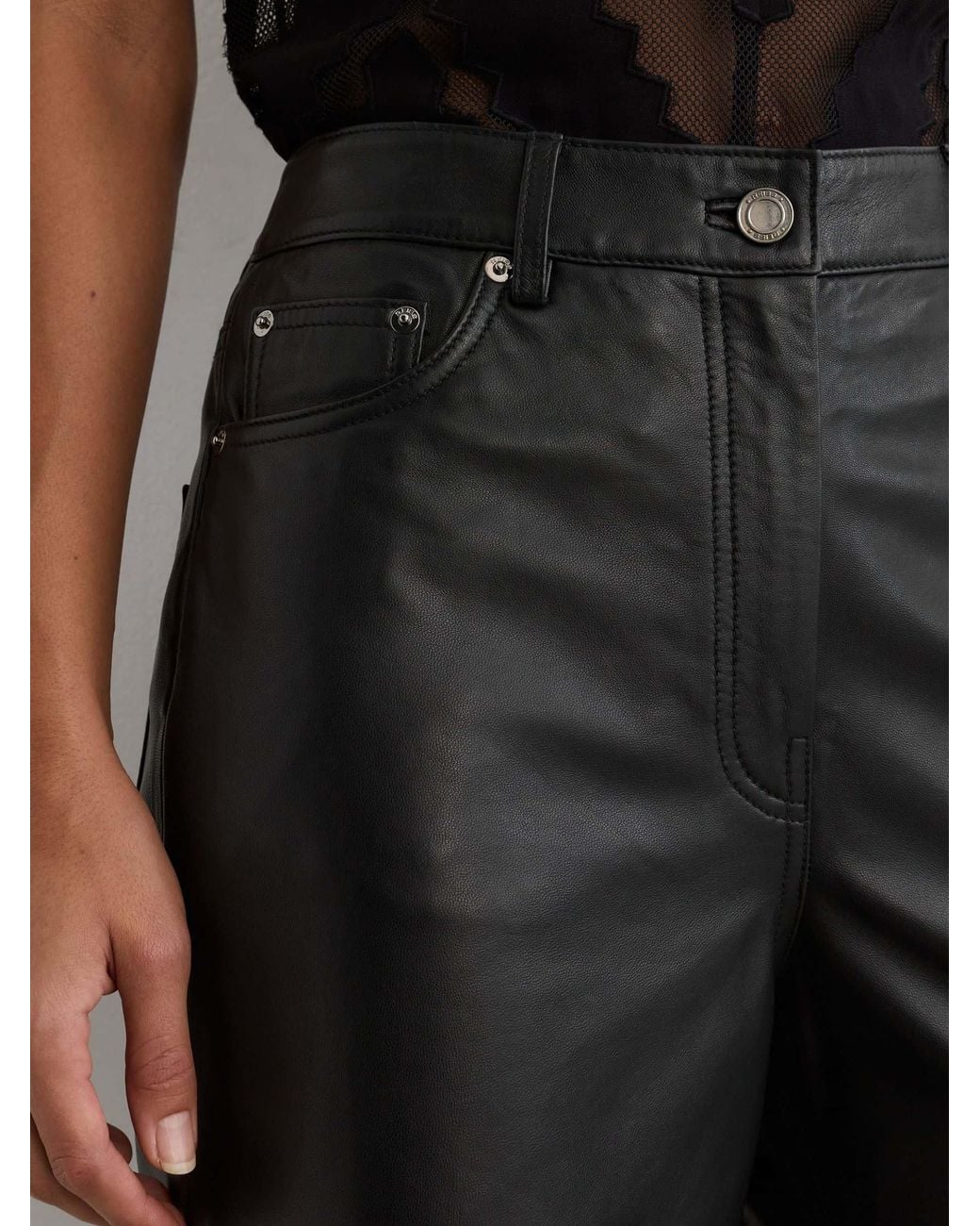 Reiss Black Leather High-Rise Wide-Leg Trousers
