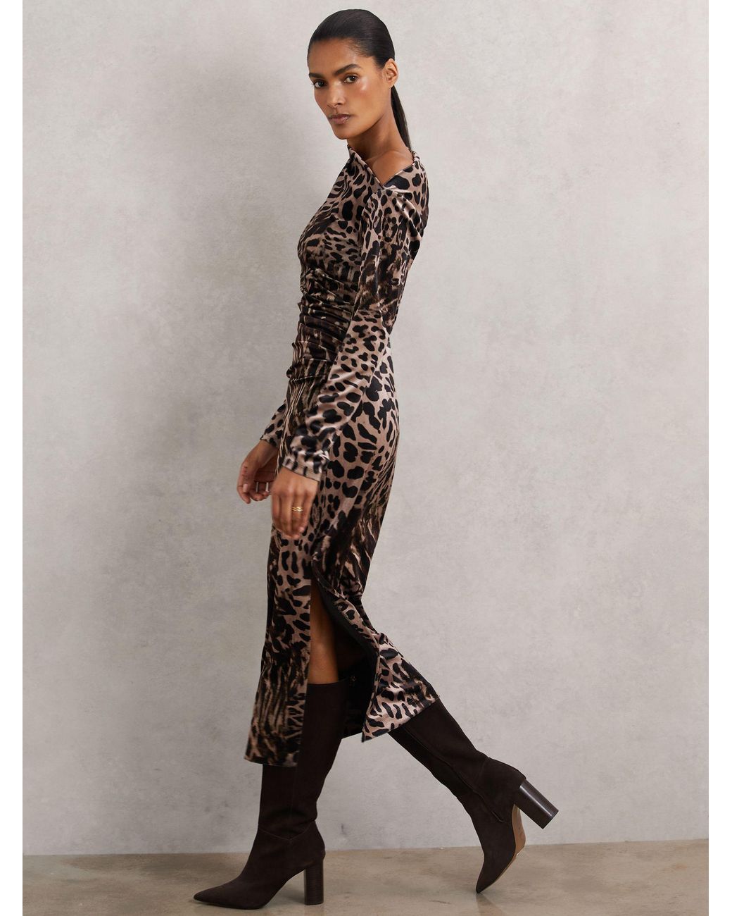 Reiss Multicolor Leopard Print Velvet Midi Dress