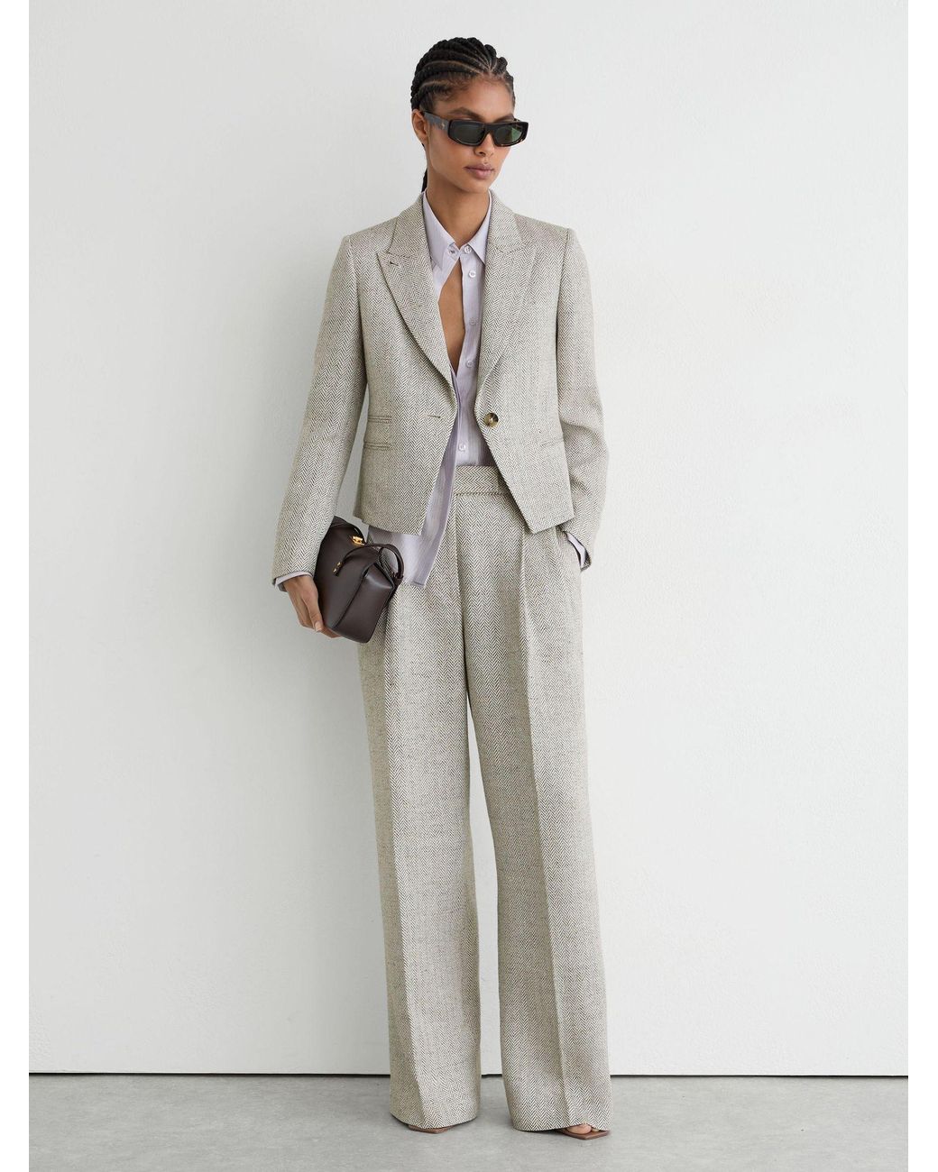 Reiss White Herringbone Linen-Blend Cropped Suit Blazer